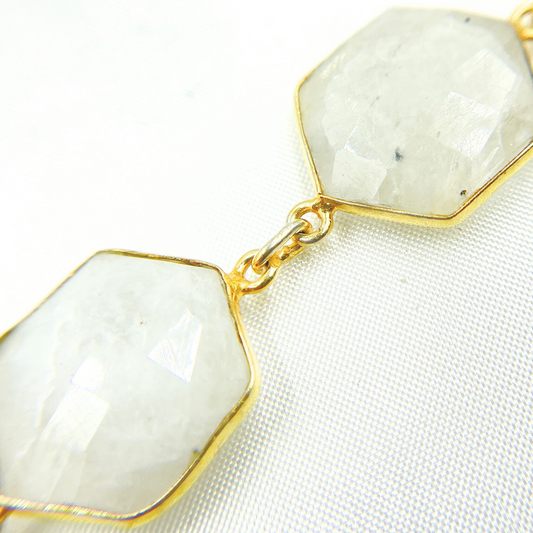 White Moonstone Hexagon Shape Bezel Gold Plated Wire Chain.