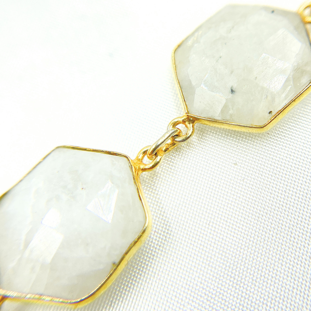 White Moonstone Hexagon Shape Bezel Gold Plated Wire Chain. WMS17