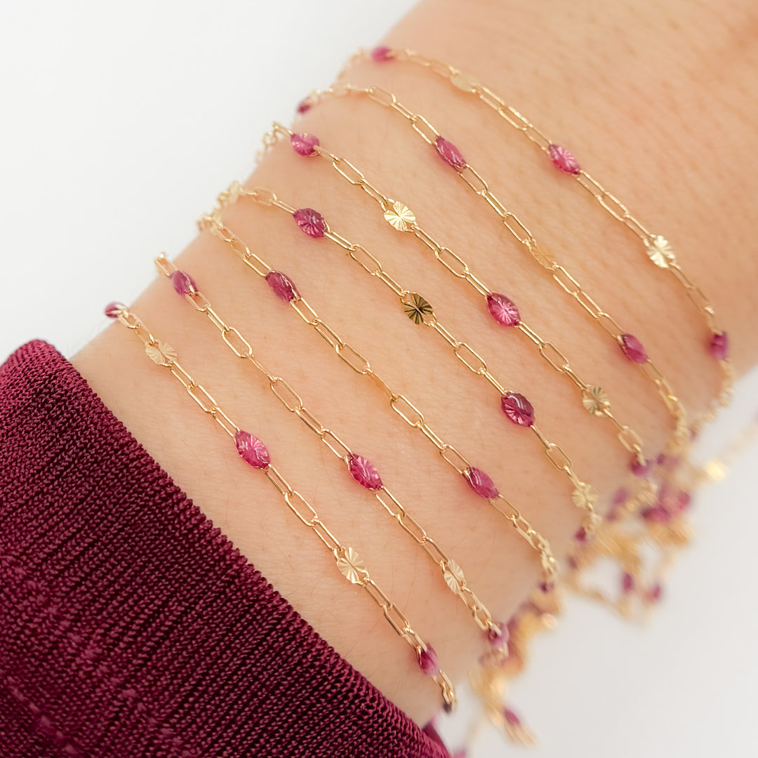 V295WNGF. 14K Gold Filled Wine Color Enamel with Paperclip and Diamond Cut Marina Links