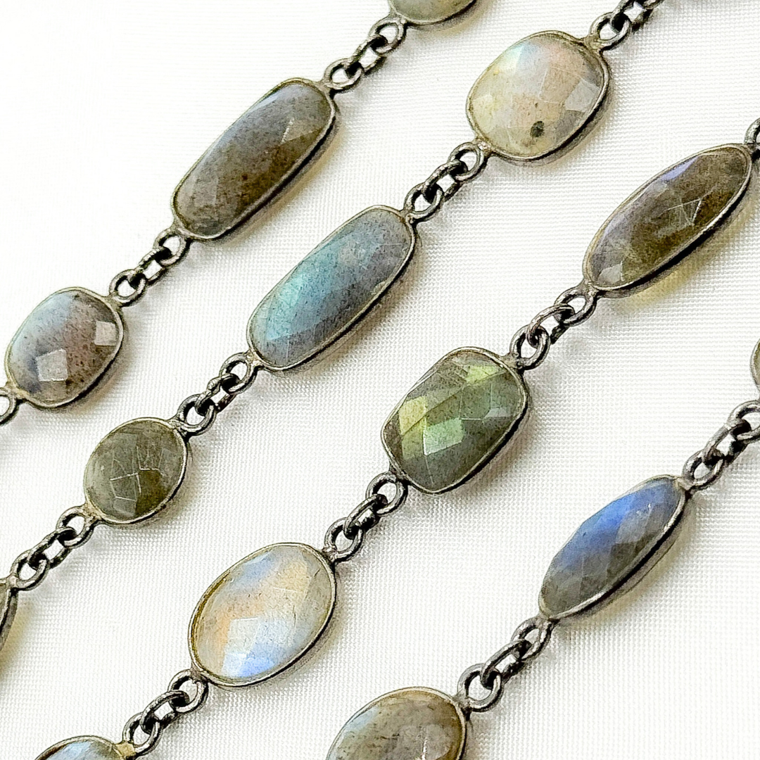 Labradorite Mix Shape Bezel Oxidized Wire Chain. LAB15