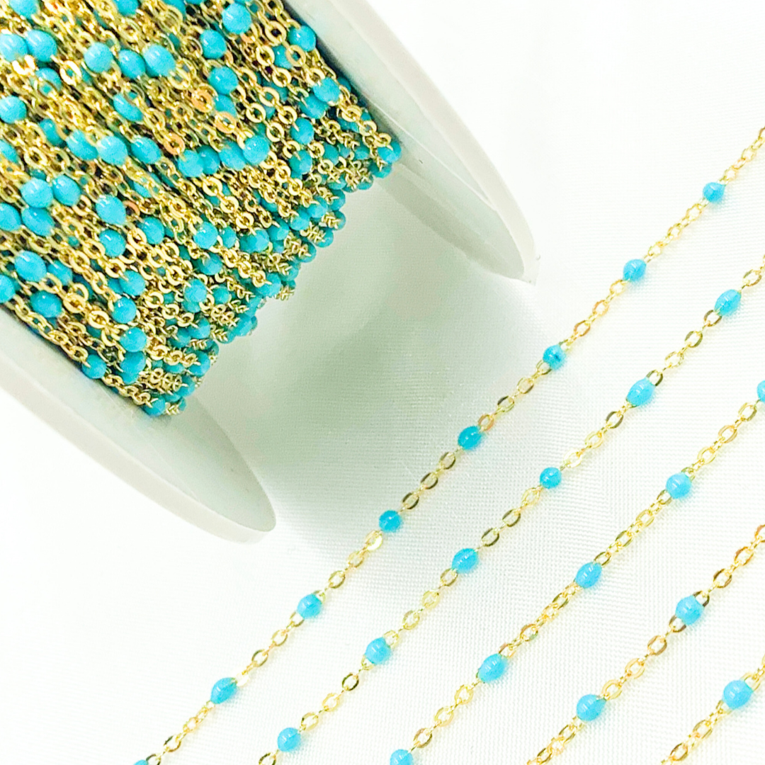 14K Solid Yellow Gold Enamel Turquoise Color Cable Chain