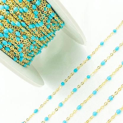 14K Solid Yellow Gold Enamel Turquoise Color Cable Chain