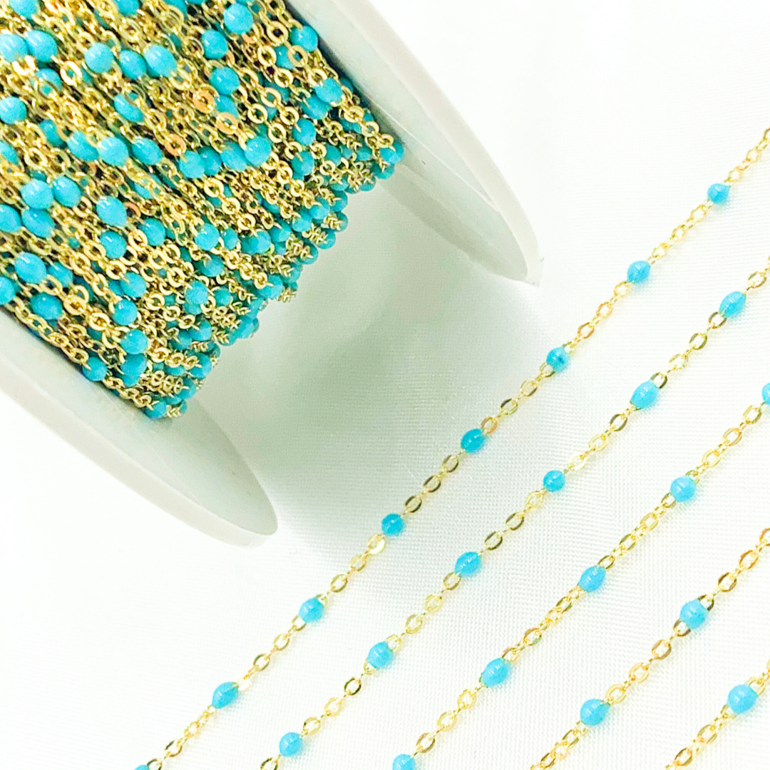 14K Solid Yellow Gold Enamel Turquoise Color Cable Chain.  30KFBTF14Y