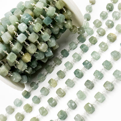 Milky Aquamarine Cube Faceted Sterling Silver Wire Chain
