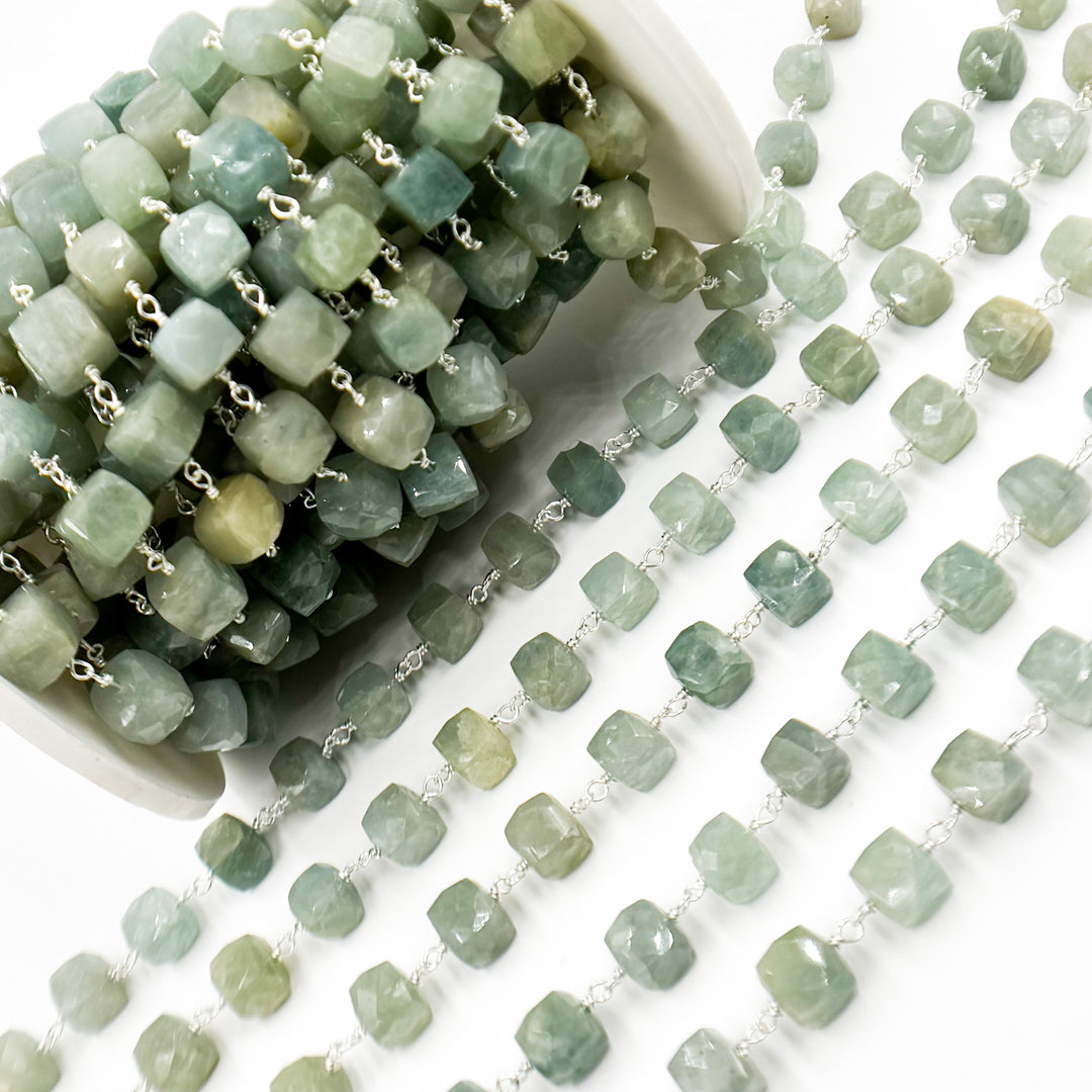 AQU33. Milky Aquamarine Cube Faceted Sterling Silver Wire Chain