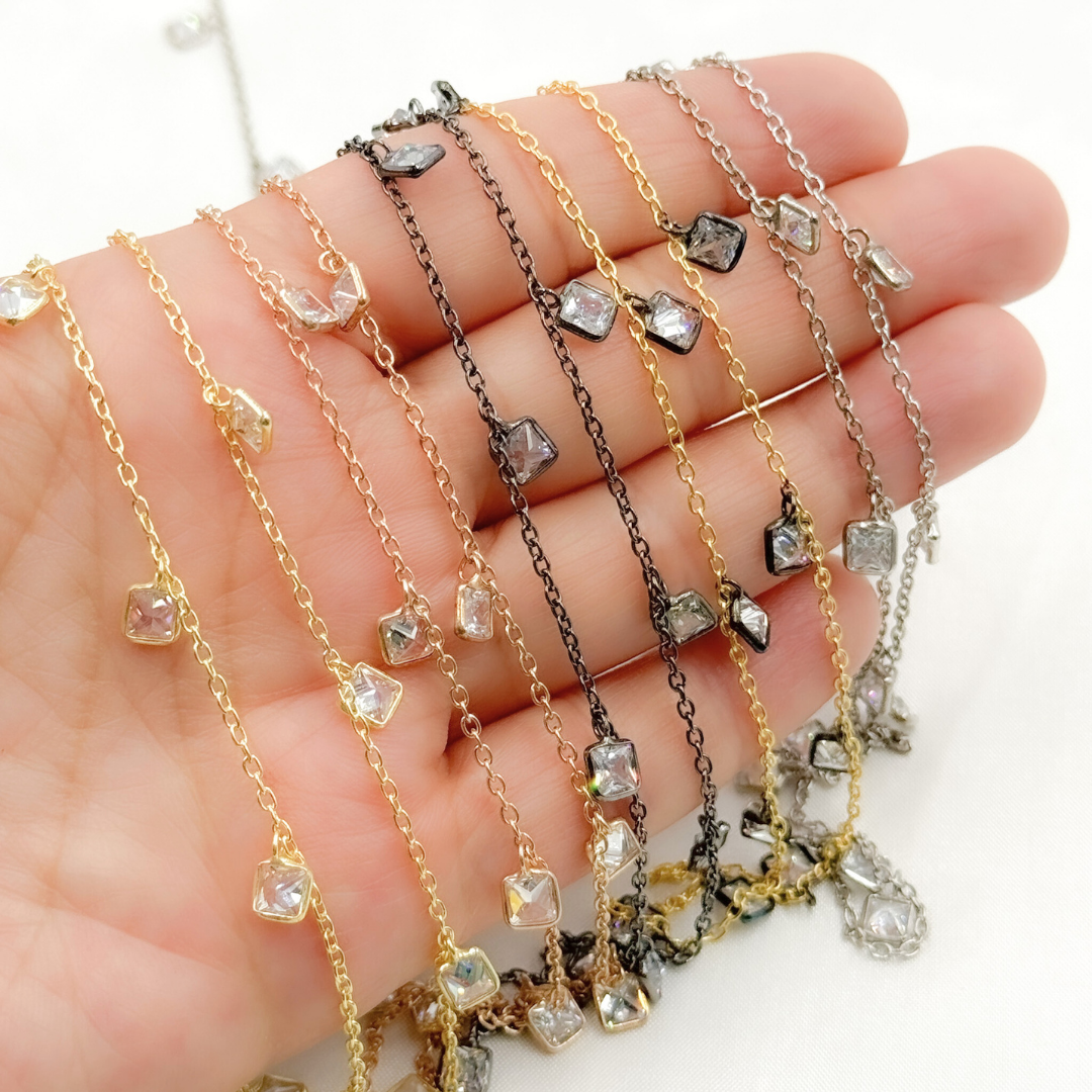 Cubic Zirconia Square 4mm Shape Dangle Chain