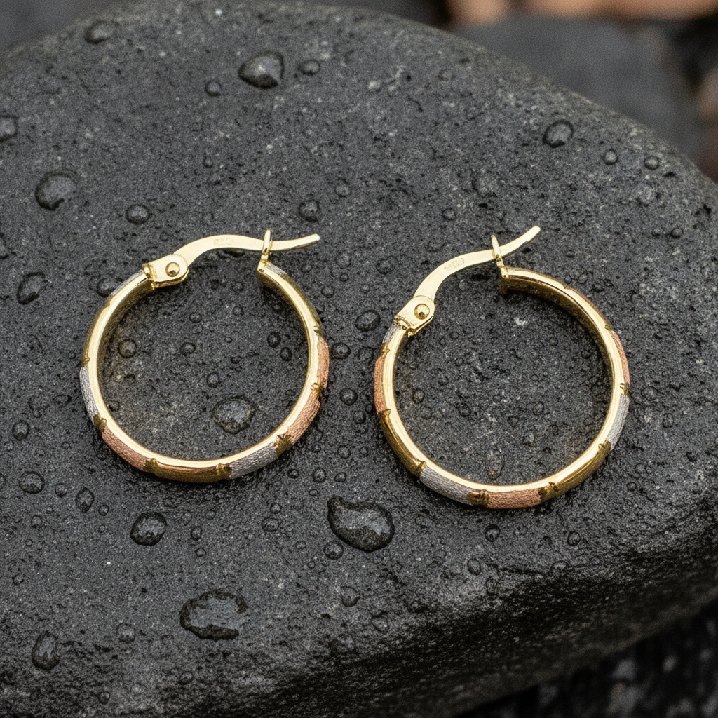 GER50. 14K Solid Tri-Tone Gold Earrings Circle Shape Hoop
