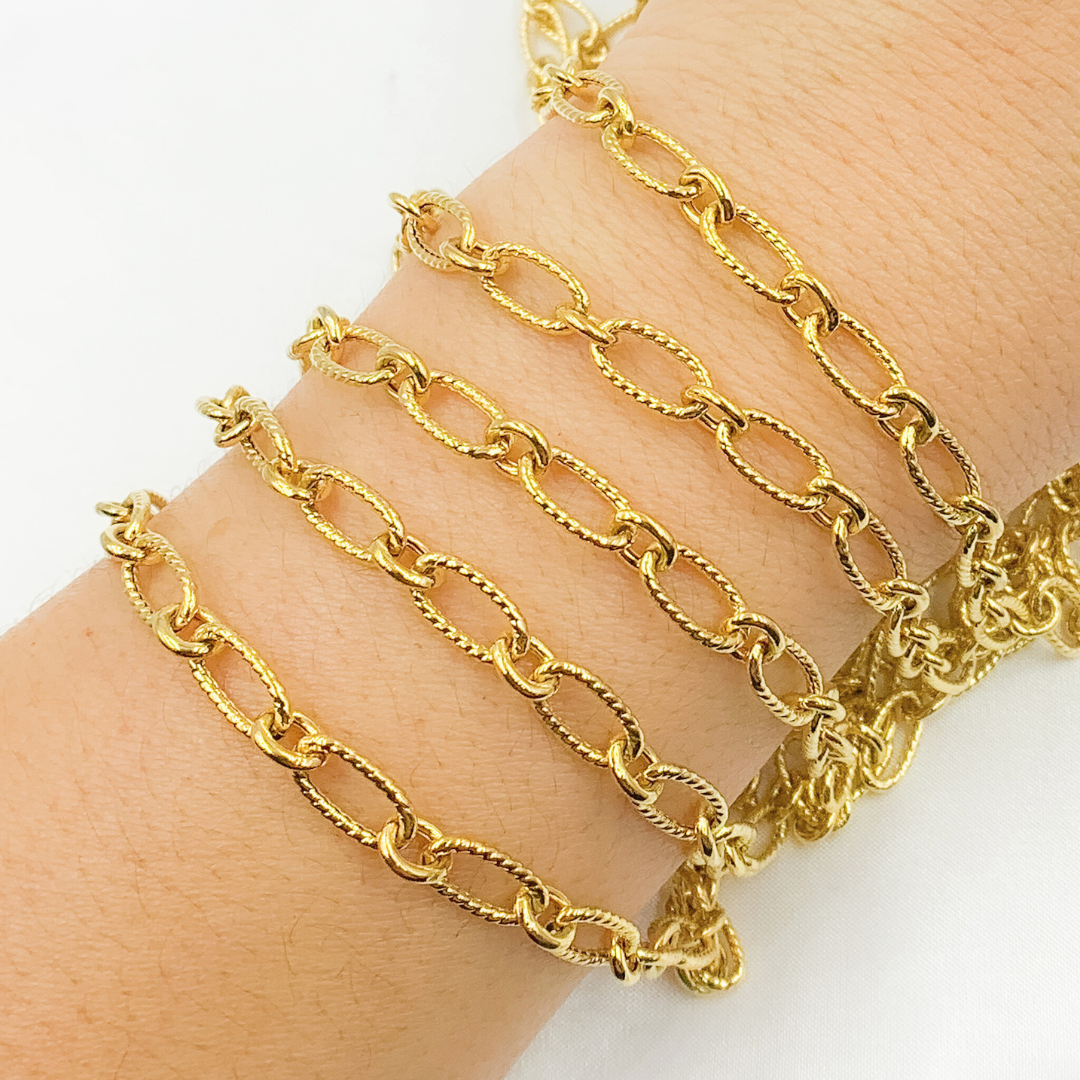 Gold Plated Sterling Silver Gold Plated Textured Long and Smooth Short Oval Chain