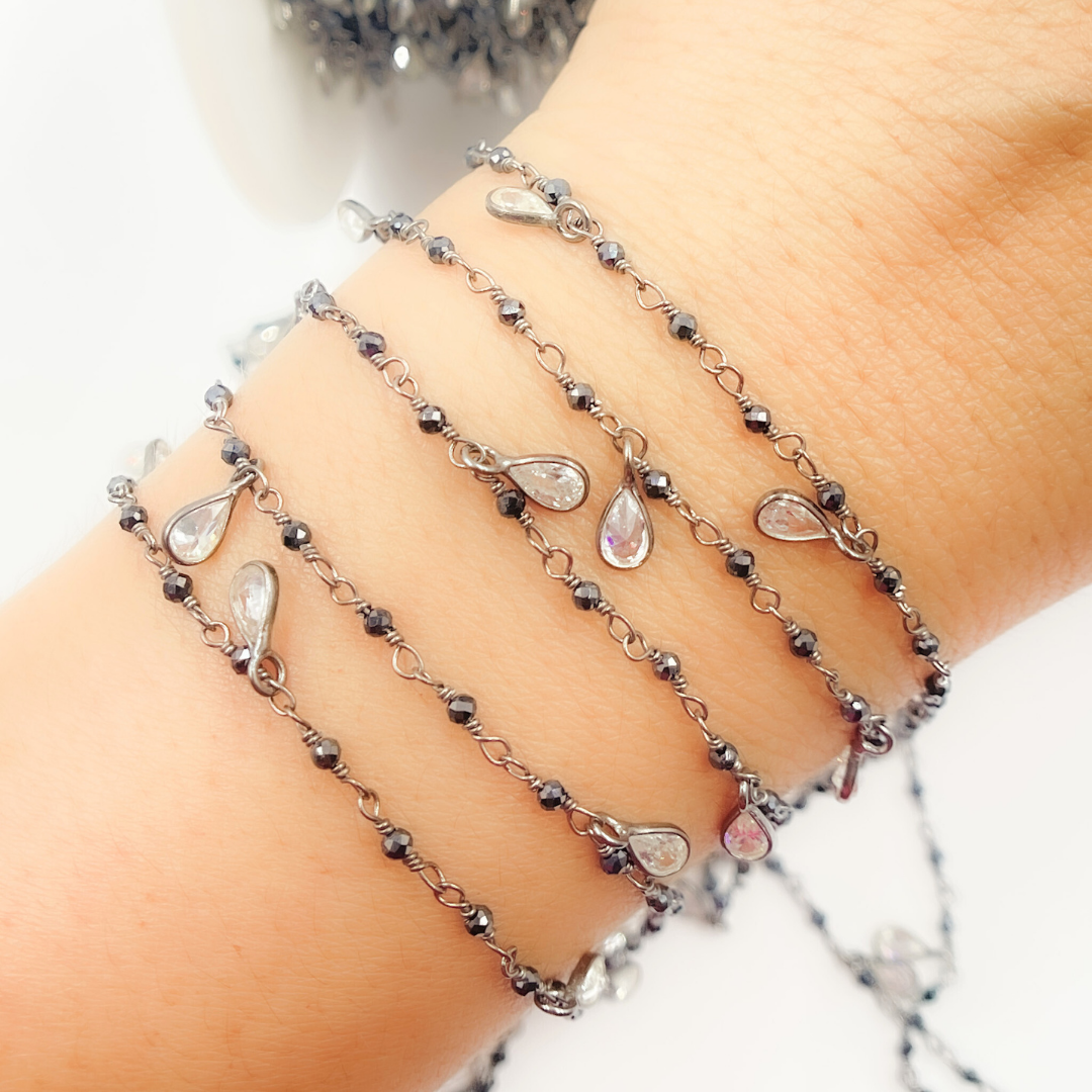 Coated Black Spinel & CZ Dangle Oxidized Wire Chain