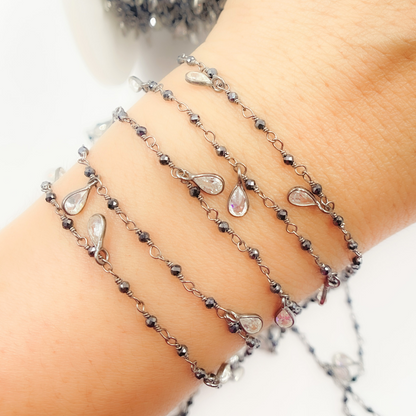 Coated Black Spinel & CZ Dangle Oxidized Wire Chain
