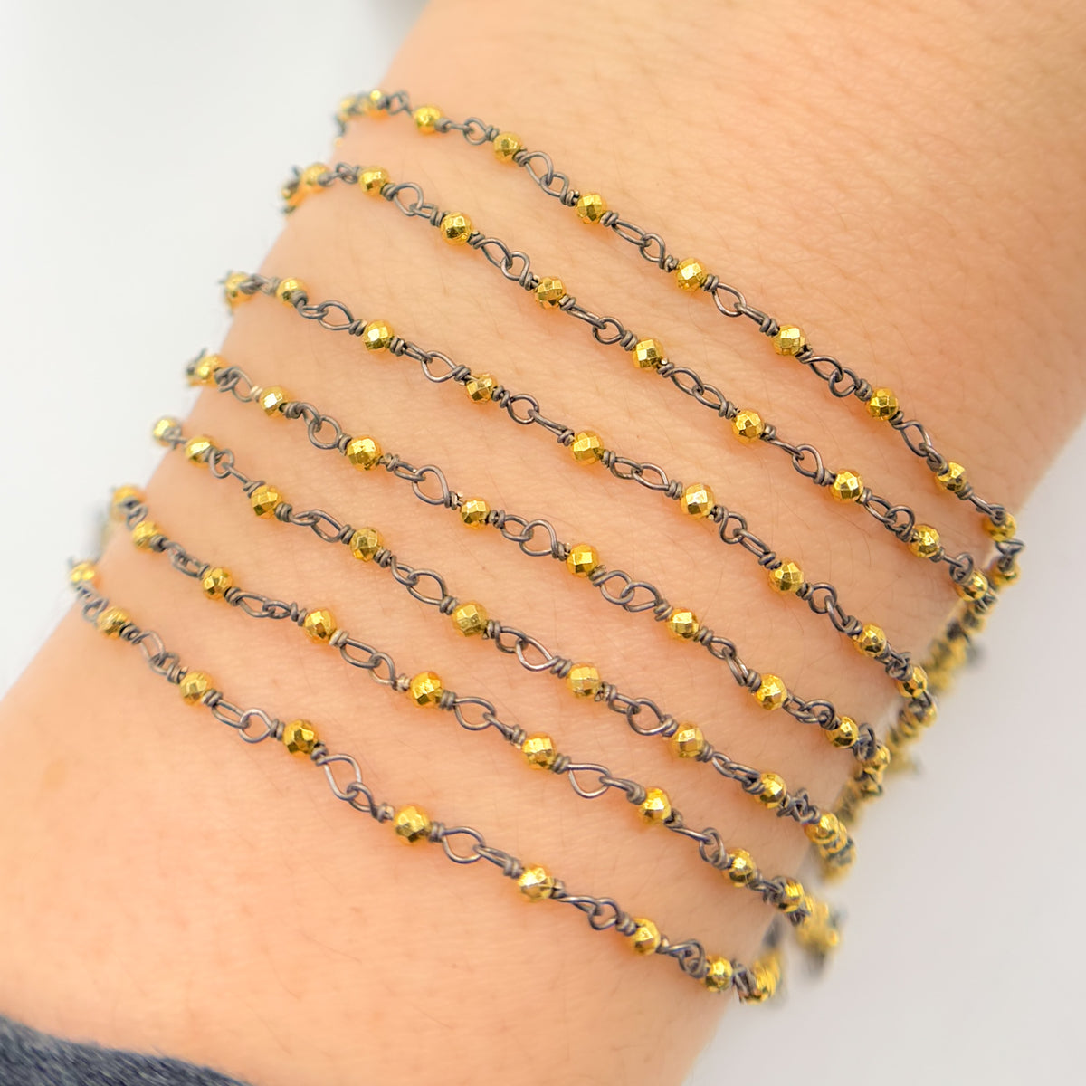 Black Rhodium Sterling Silver and Gold Pyrite Wire Wrapped Beads Chain