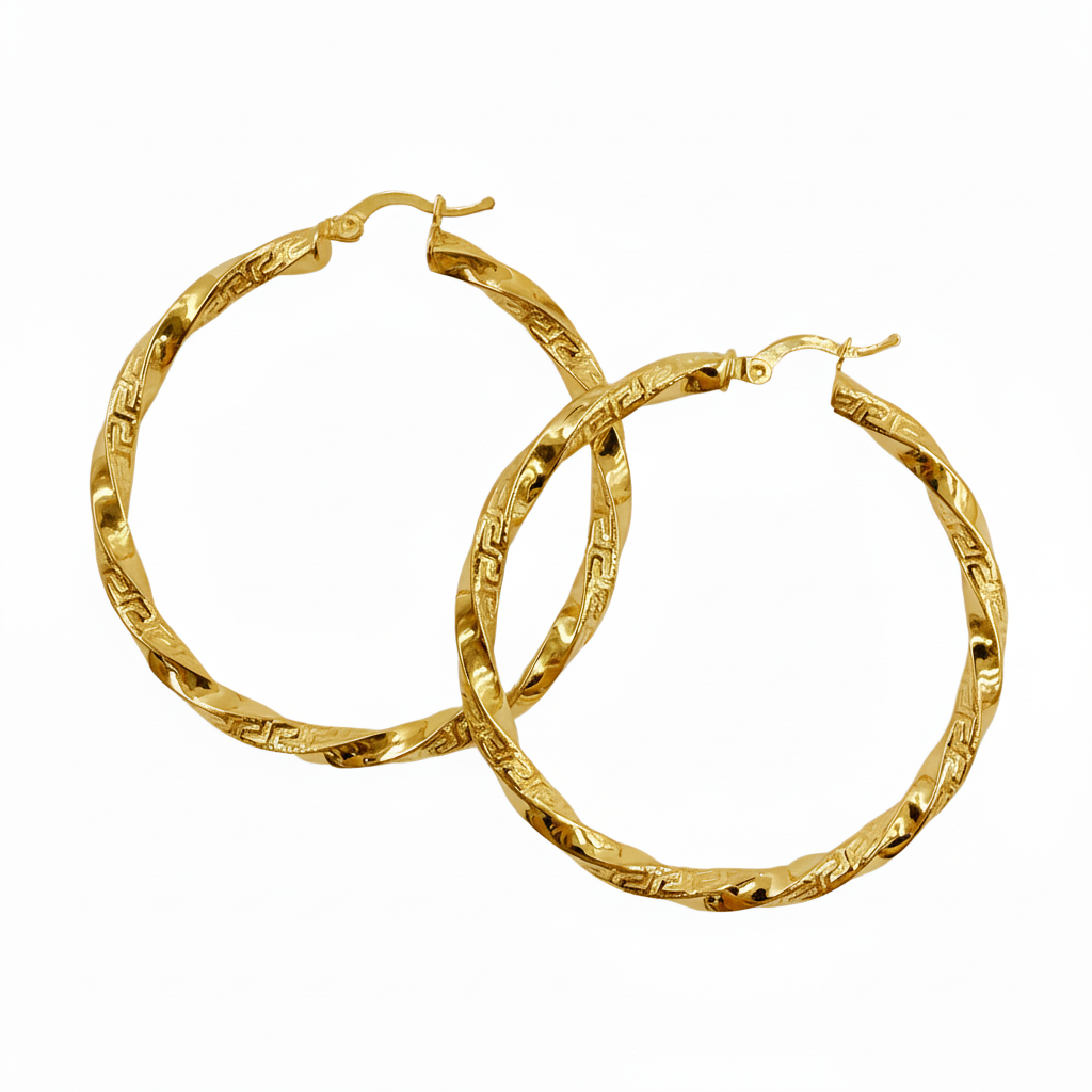 GER124. 14K Solid Gold Twisted Hollow Hoop with Engraved