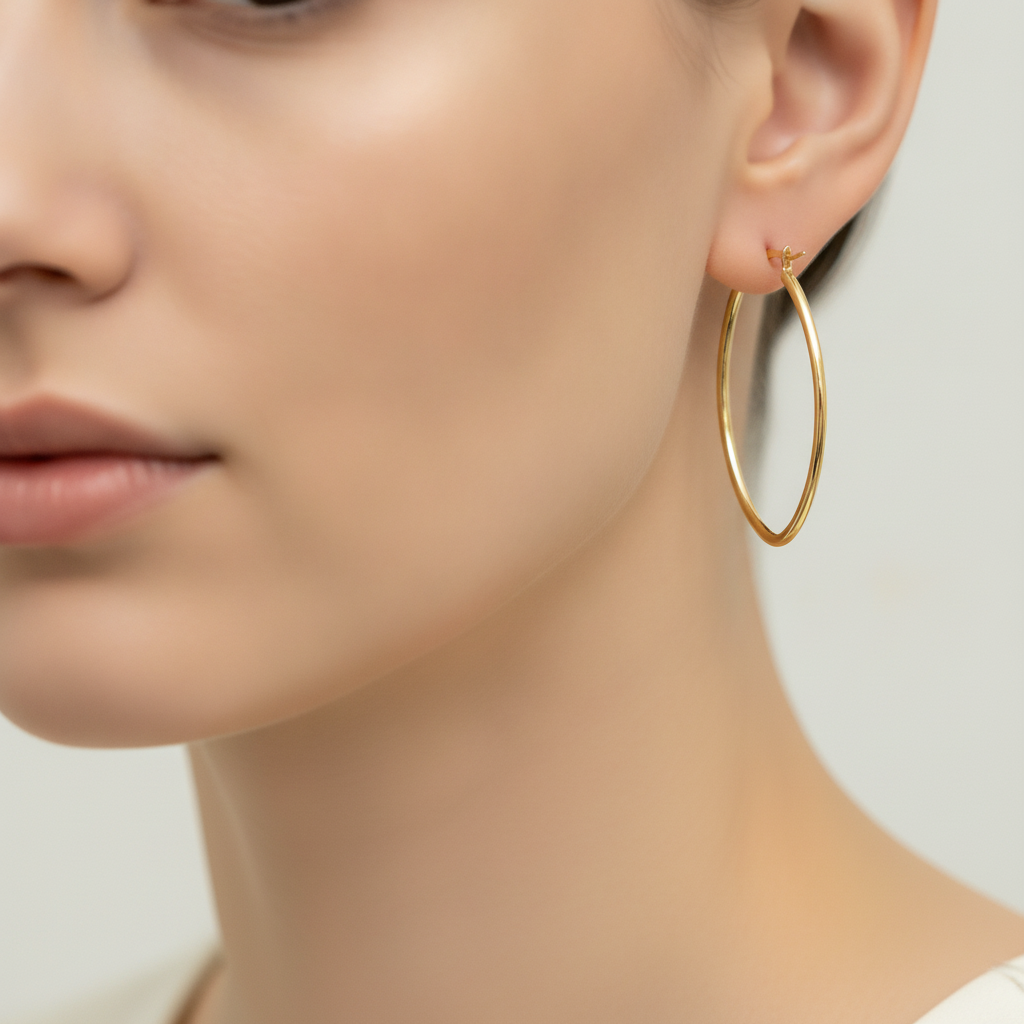 GER53. 14K Solid Gold Oval Shape Hollow Hoop Earrings