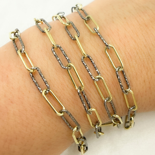 Black Rhodium & Gold Plated 925 Sterling Silver Smooth & Diamond Cut Paperclip Chain