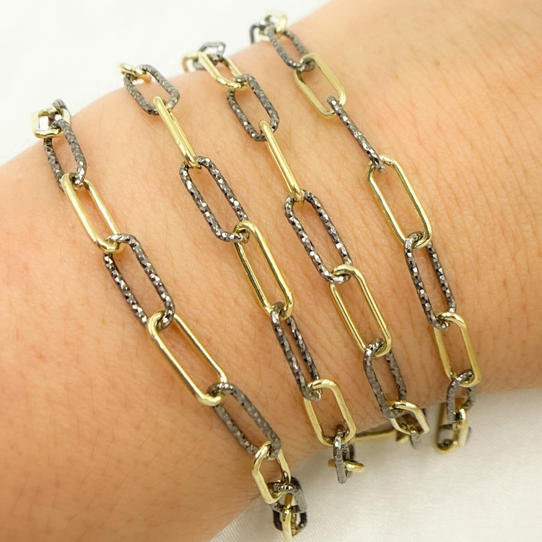 Black Rhodium & Gold Plated 925 Sterling Silver Smooth & Diamond Cut Paperclip Chain