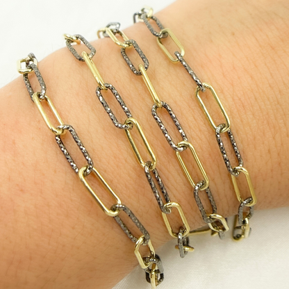 Black Rhodium & Gold Plated 925 Sterling Silver Smooth & Diamond Cut Paperclip Chain