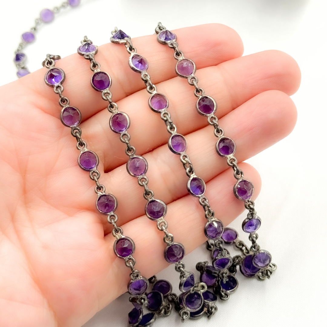 Amethyst Round Shape Bezel Oxidized Wire Chain