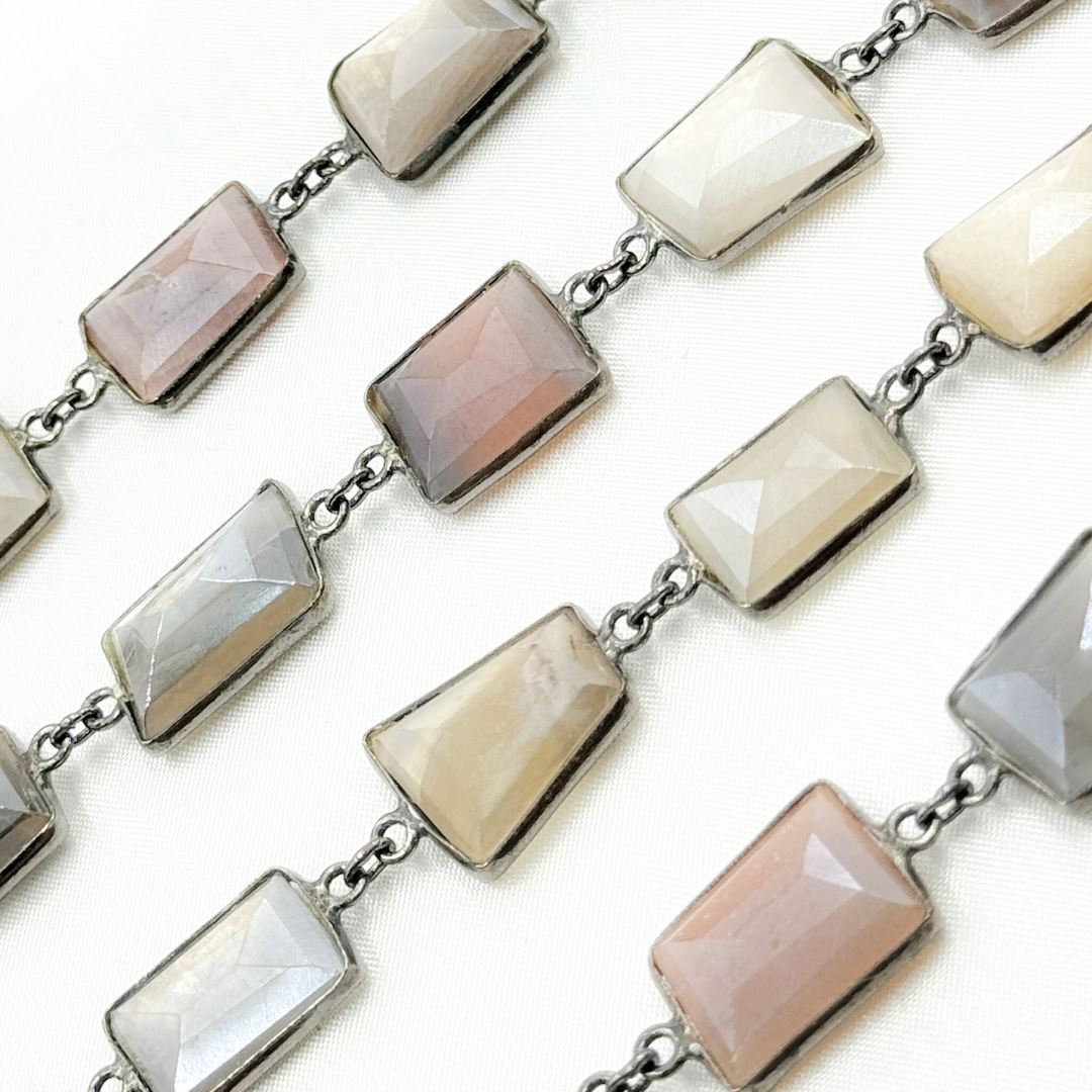 Coated Multi Moonstone Organic Shape Bezel Oxidized Wire Chain.