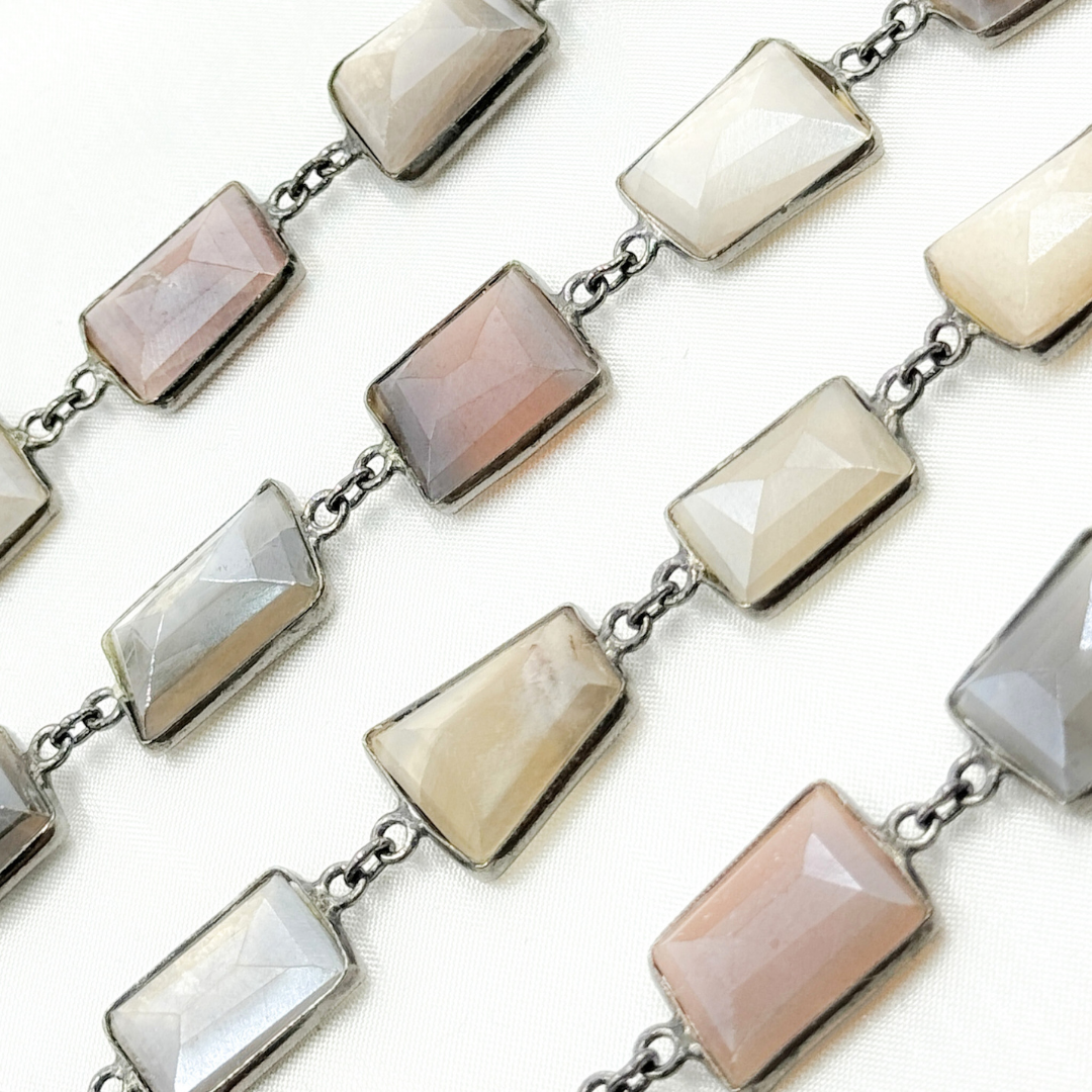 Coated Multi Moonstone Organic Shape Bezel Oxidized Wire Chain. CMS16