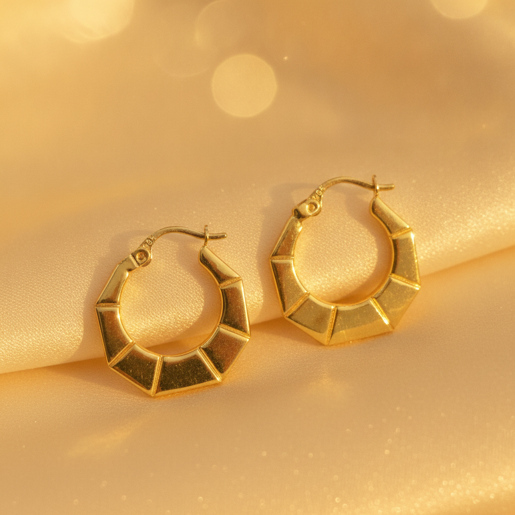 GER135. 14K Gold Hexagon Hollow Hoop Earrings