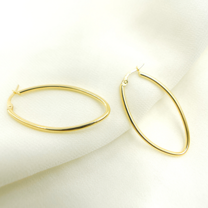 GER53. 14K Solid Gold Oval Shape Hollow Hoop Earrings