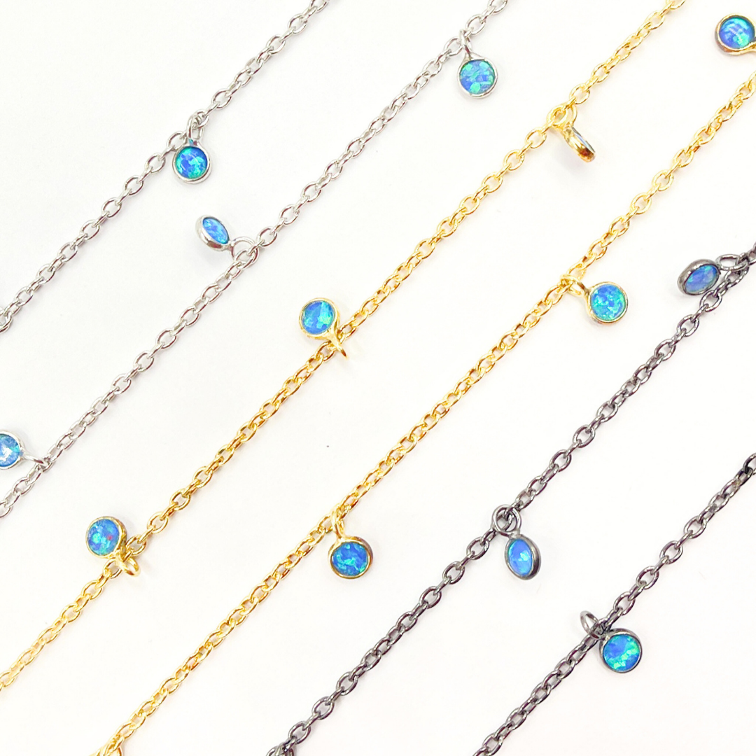 Created Blue Opal Round Shape Dangle Chain