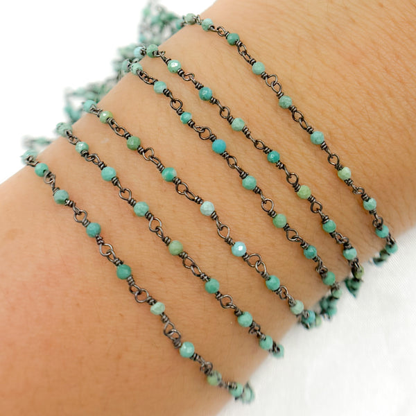 TRQ1. Black Rhodium 925 Sterling Silver and Natural Turquoise Wire Wrapped Bead Chain