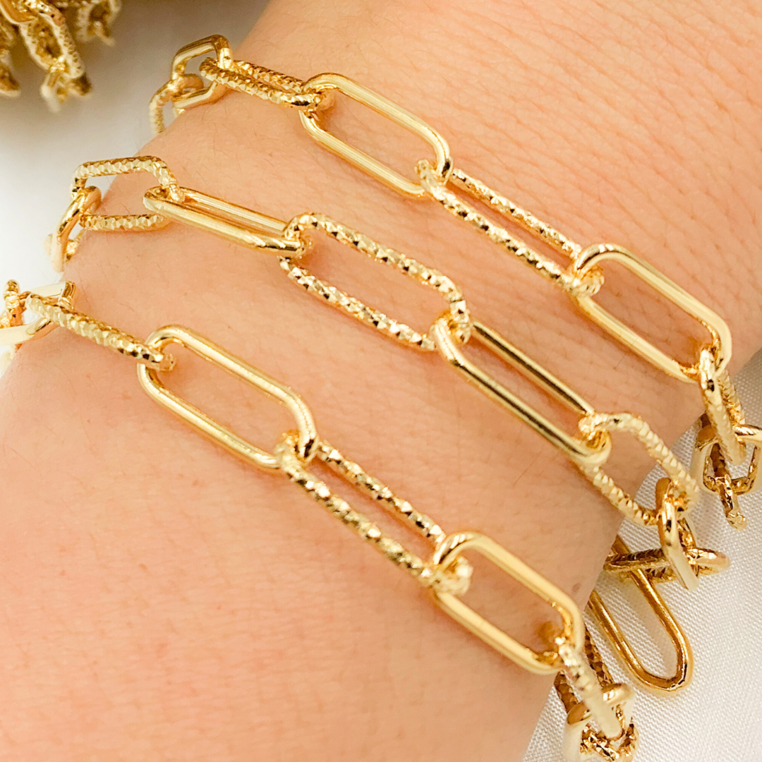 Gold Plated 925 Sterling Silver Smooth & Dimond Cut Link Paperclip Chain
