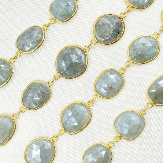 Coated Aquamarine Organic Shape Bezel Gold Plated Wire Chain