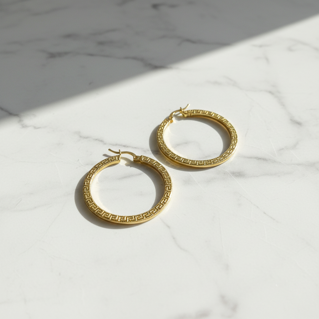 GER119. 14K Solid Gold Hollow Hoop with Engraving