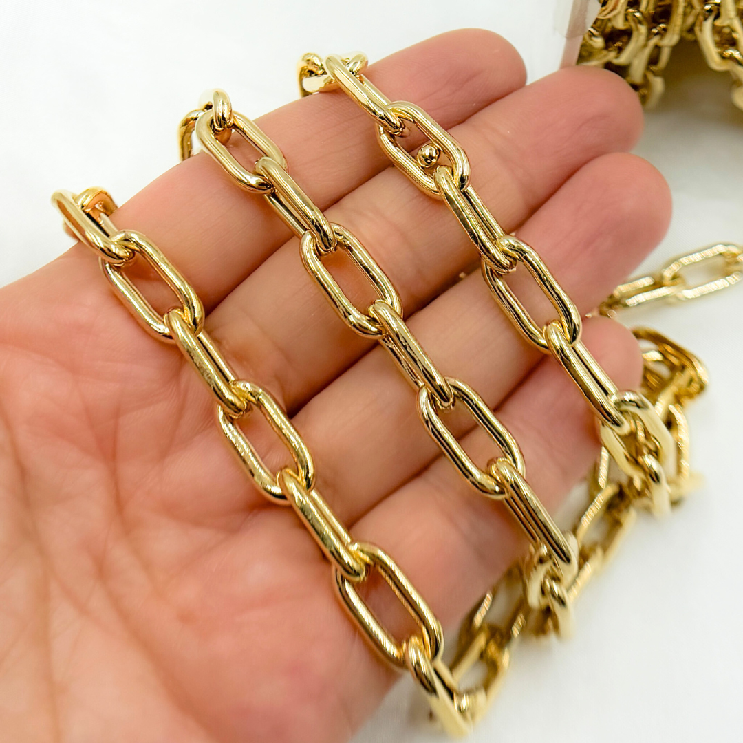 V176GP. Gold Plated 925 Sterling Silver Smooth Hollow Paperclip Link Chain