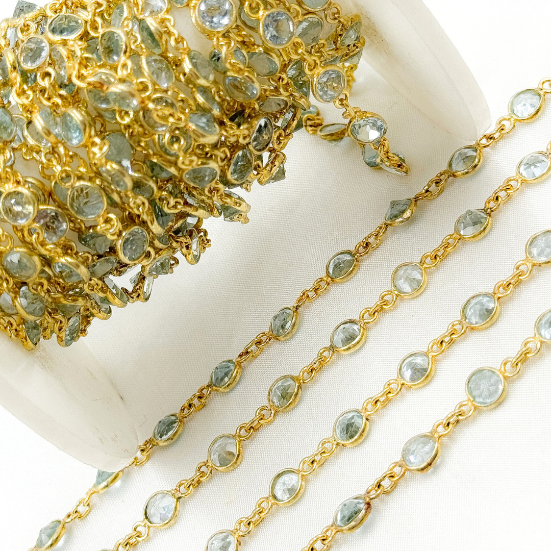 Sky Blue Topaz Round Shape Bezel Gold Plated Wire Chain