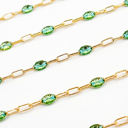 14k Gold Filled Olive Green Color Enamel Satellite Cable Chain