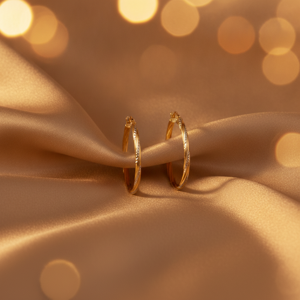 GER71. 14K Gold Hollow Hoop Earrings with Engraved Tornado Design