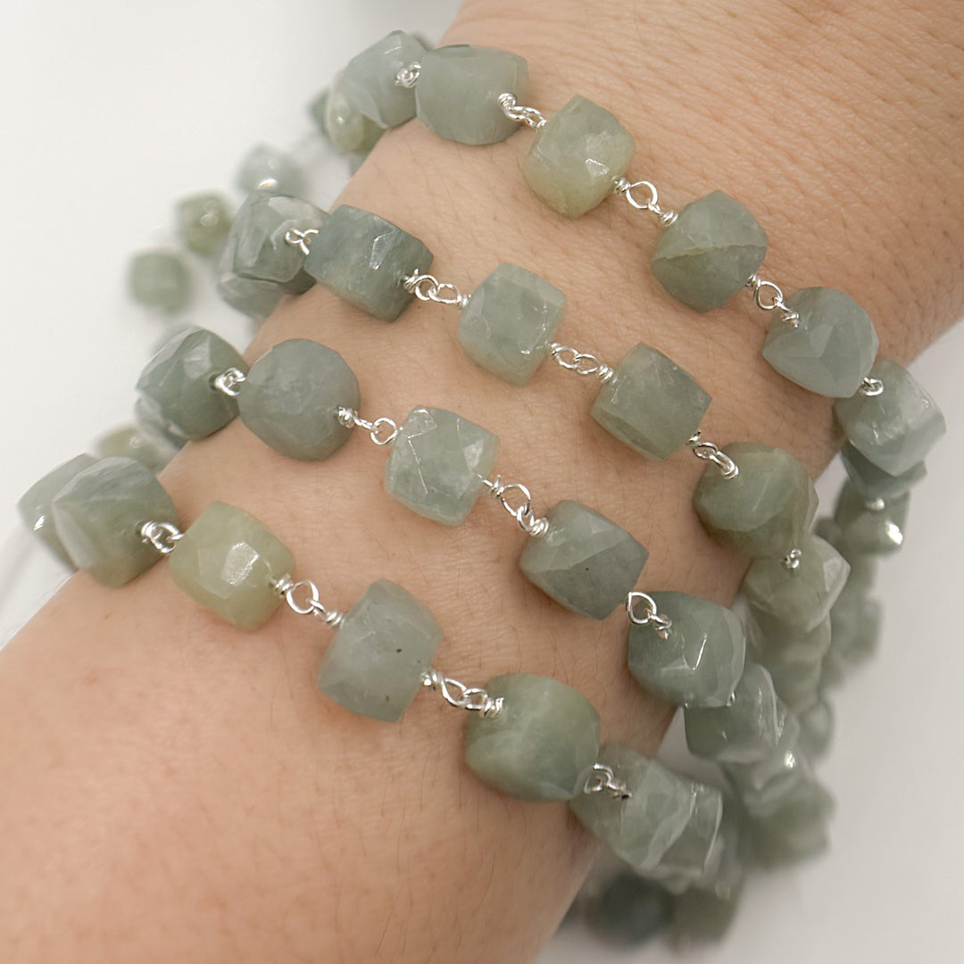 AQU33. Milky Aquamarine Cube Faceted Sterling Silver Wire Chain