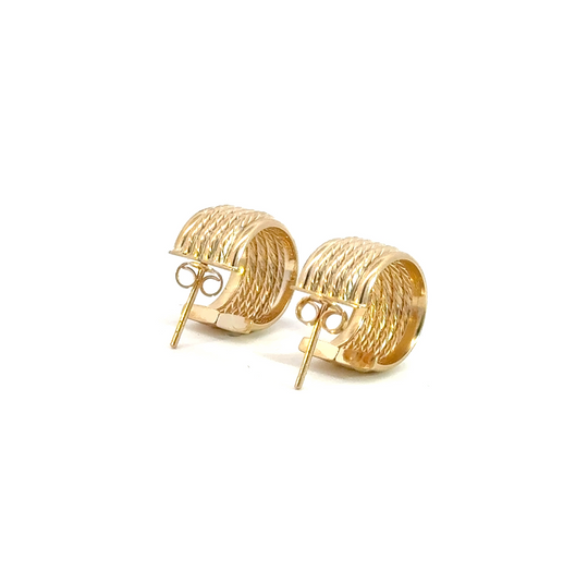 14K Solid Gold Ribbed Hollow Hoop Earrings