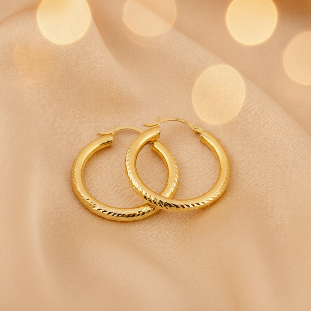 GER61. 14K Hollow Gold Diamond Cut Hoop Earrings