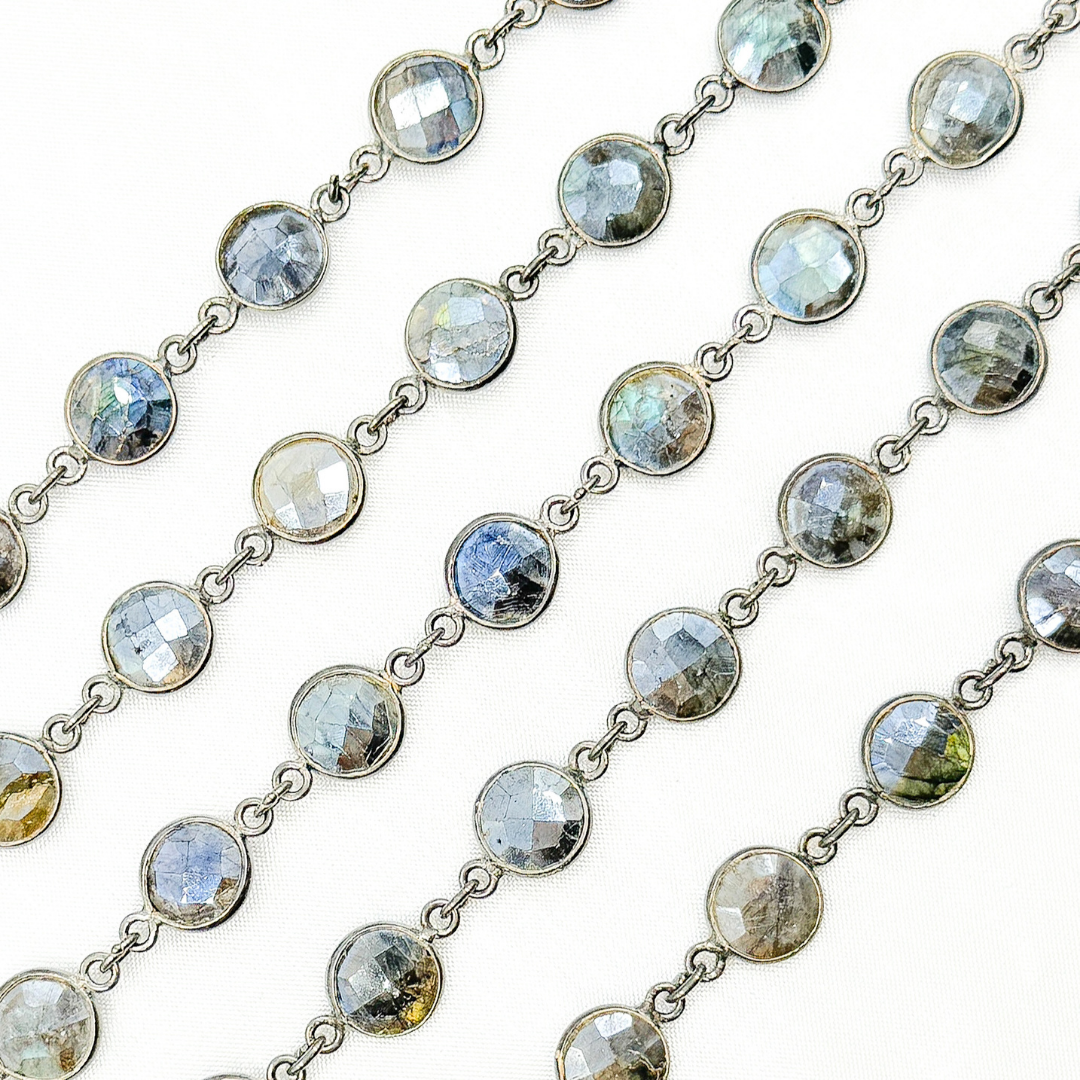 Coated Labradorite Round Shape Bezel Oxidized Wire Chain.