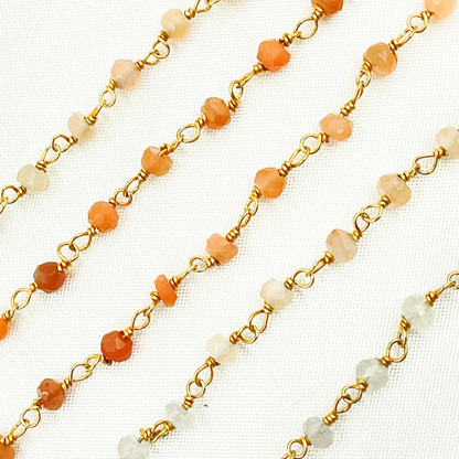 Multi Moonstone Shaded Peach Organic Shape Wire Wrap Chain