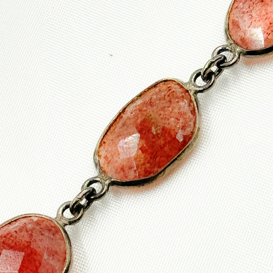 Strawberry Quartz Organic Shape Bezel Oxidized Wire Chain.