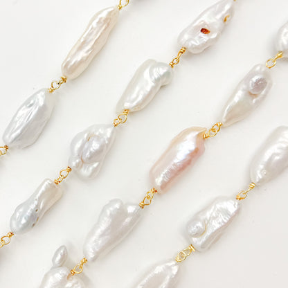 PRL24. Gold Plated Wire Biwa Freshwater Pearl Chain