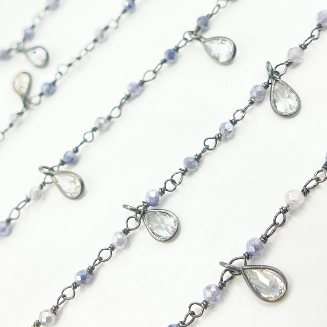 Coated Blue Moonstone & CZ Dangle Oxidized Wire Chain