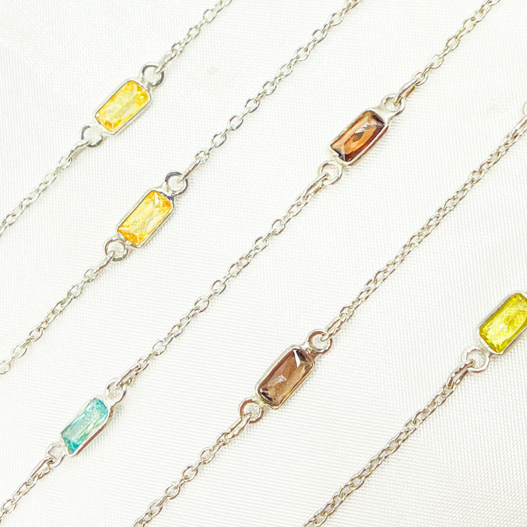 Multi Color Cubic Zirconia Rectangular Shape Connected Chain