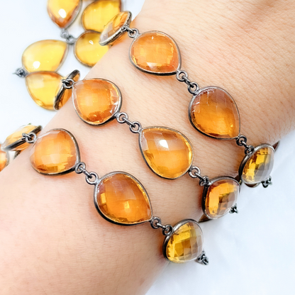 Hydro Quartz Citrine Color Pear Shape Bezel Oxidized Wire Chain.