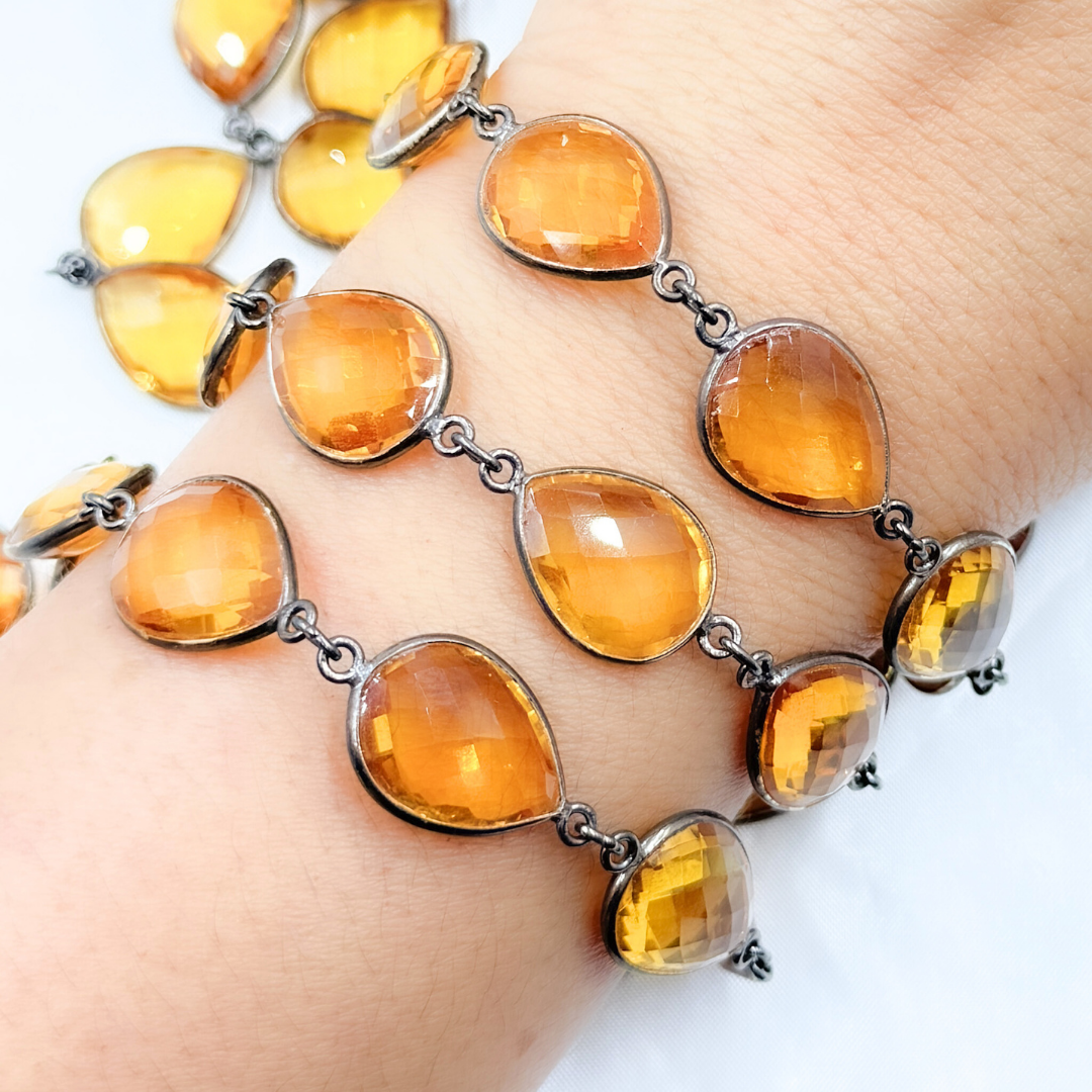 Hydro Quartz Citrine Color Pear Shape Bezel Oxidized Wire Chain. HQ1