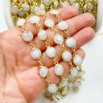 Load image into Gallery viewer, White Moonstone Round Shape Bezel Gold Plated Wire Chain. WMS10
