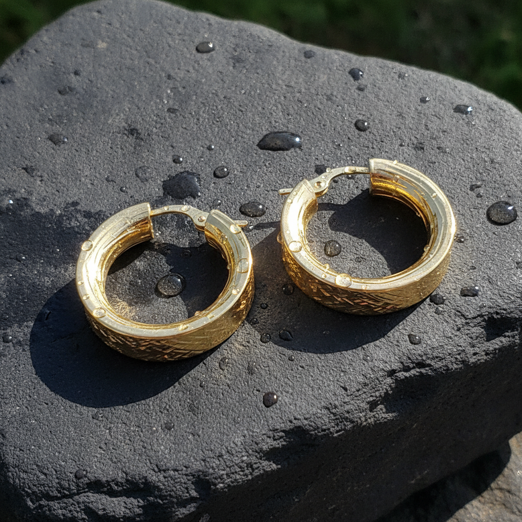 GER105. 14K Solid Gold Flat Diamond Cut Hollow Hoop Earrings