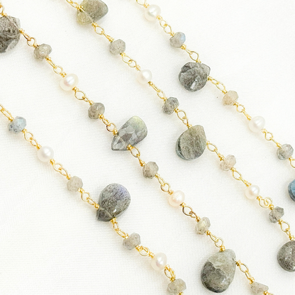 Labradorite & Pearl Gold Plated Wire Chain.
