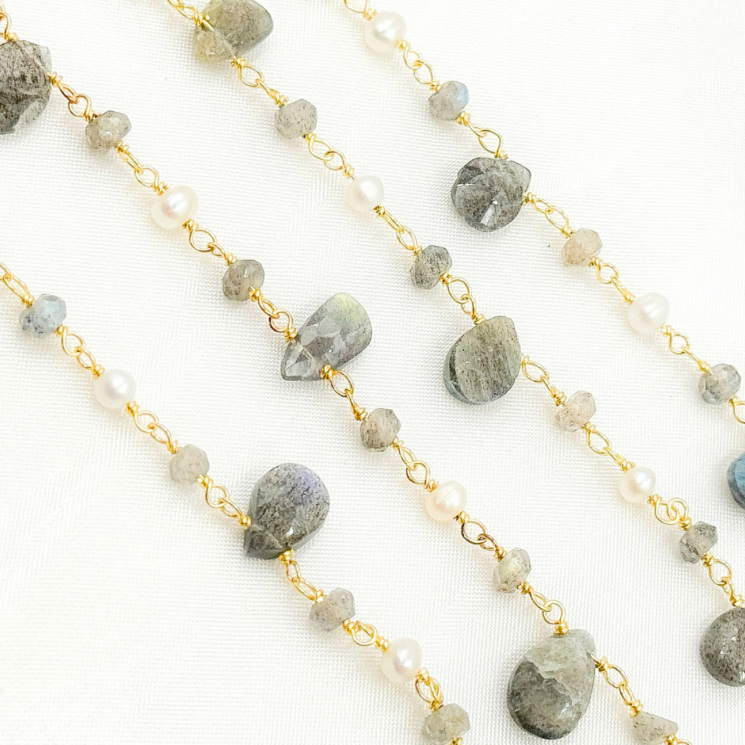 Labradorite & Pearl Gold Plated Wire Chain. LAB4