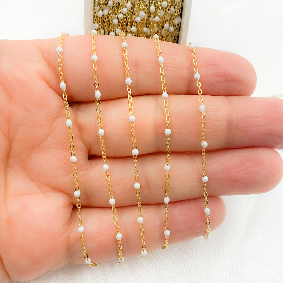 14K Solid Yellow Gold Enamel White Color Cable Chain